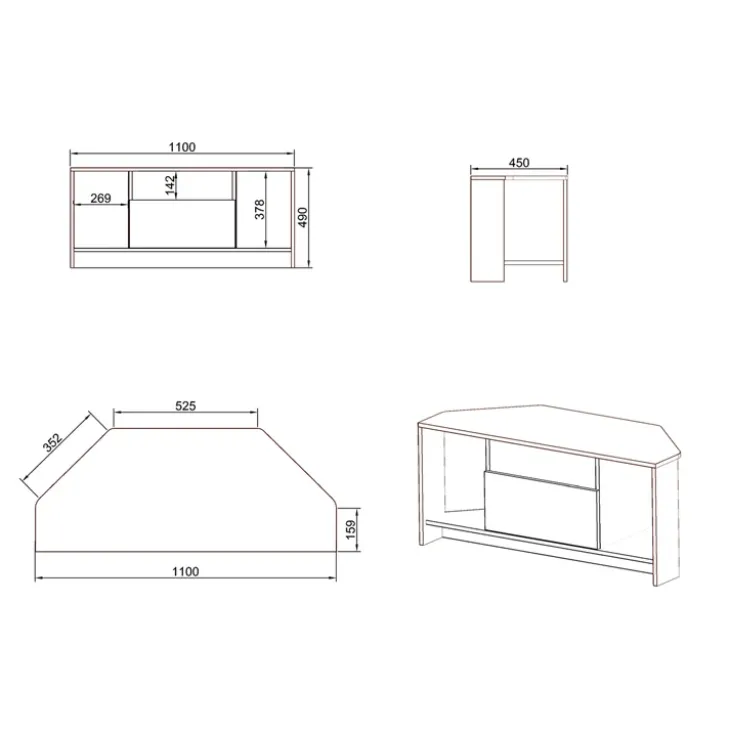 Mobile porta TV angolare 110x49h cm 3 vani 1 ribalta bianco lucido Folk