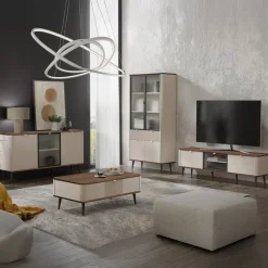 Mobile porta TV con anta vetrata 160x52 cm 3 ante a ribalta beige cashmere noce Arden
