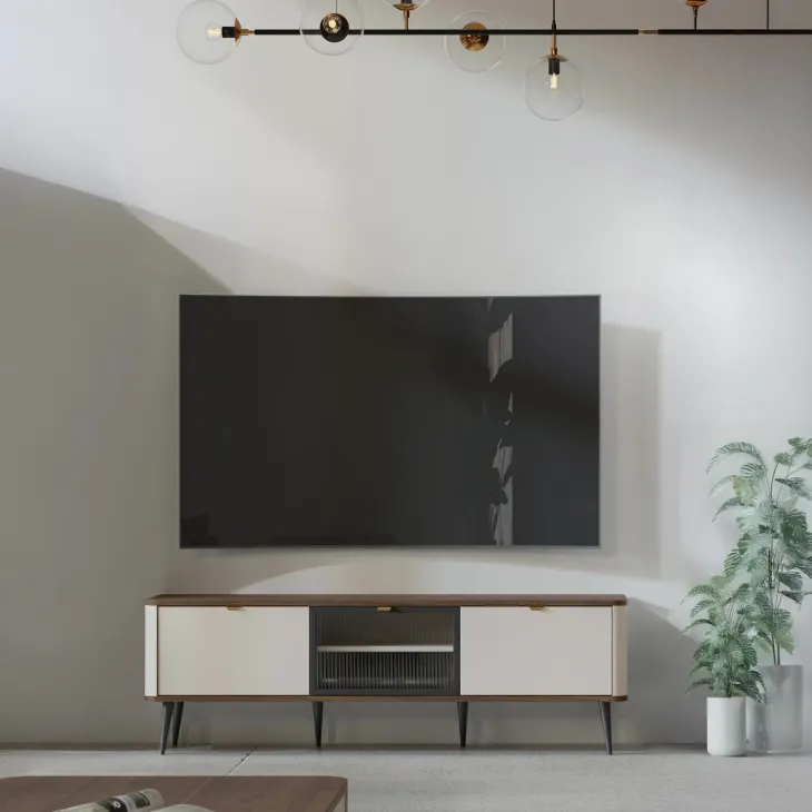 Mobile porta TV con anta vetrata 160x52 cm 3 ante a ribalta beige cashmere noce Arden