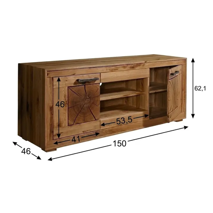 Mobile porta TV credenza 150x62h cm 2 ante 2 ripiani a vista legno massello rovere Ebania