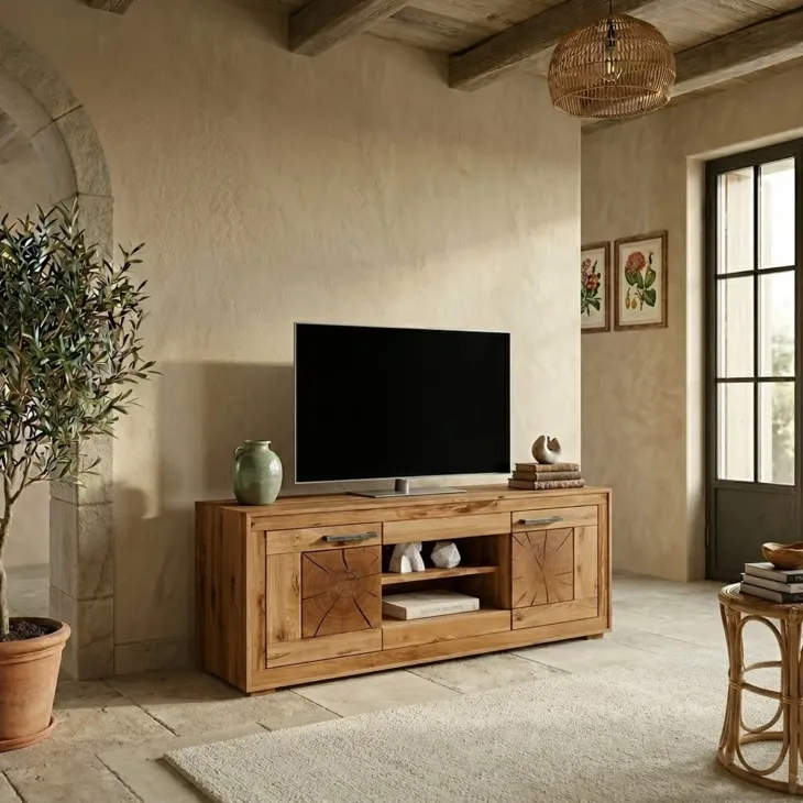 Mobile porta TV credenza 150x62h cm 2 ante 2 ripiani a vista legno massello rovere Ebania