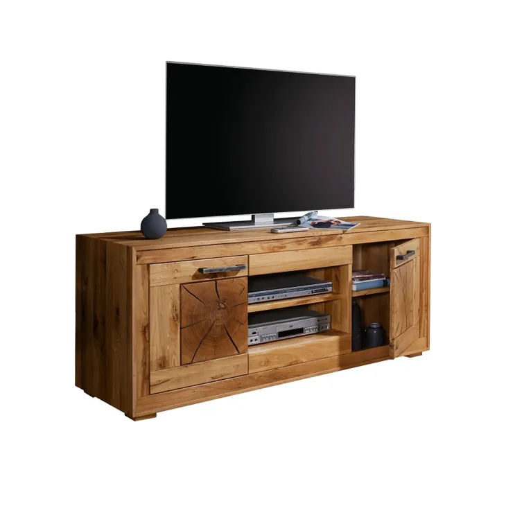 Mobile porta TV credenza 150x62h cm 2 ante 2 ripiani a vista legno massello rovere Ebania