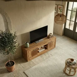 Mobile porta TV credenza 150x62h cm 2 ante 2 ripiani a vista legno massello rovere Ebania