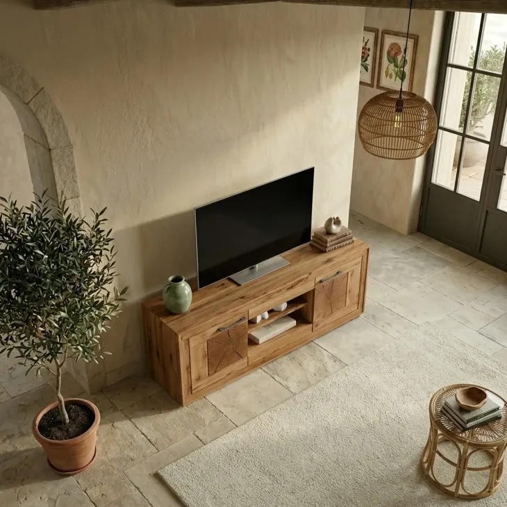 Mobile porta TV credenza 150x62h cm 2 ante 2 ripiani a vista legno massello rovere Ebania