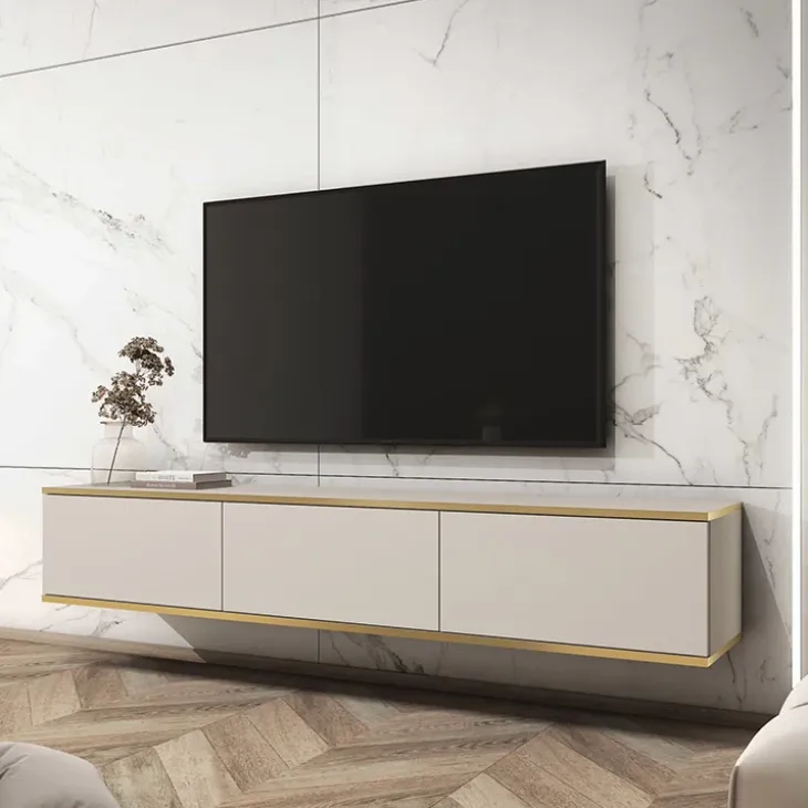 Mobile porta TV sospeso 175x3h 0cm 3 ante moderno beige oro Linus
