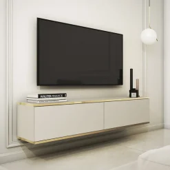 Mobile porta TV sospeso 135x30h cm 2 ante moderno beige oro Linus