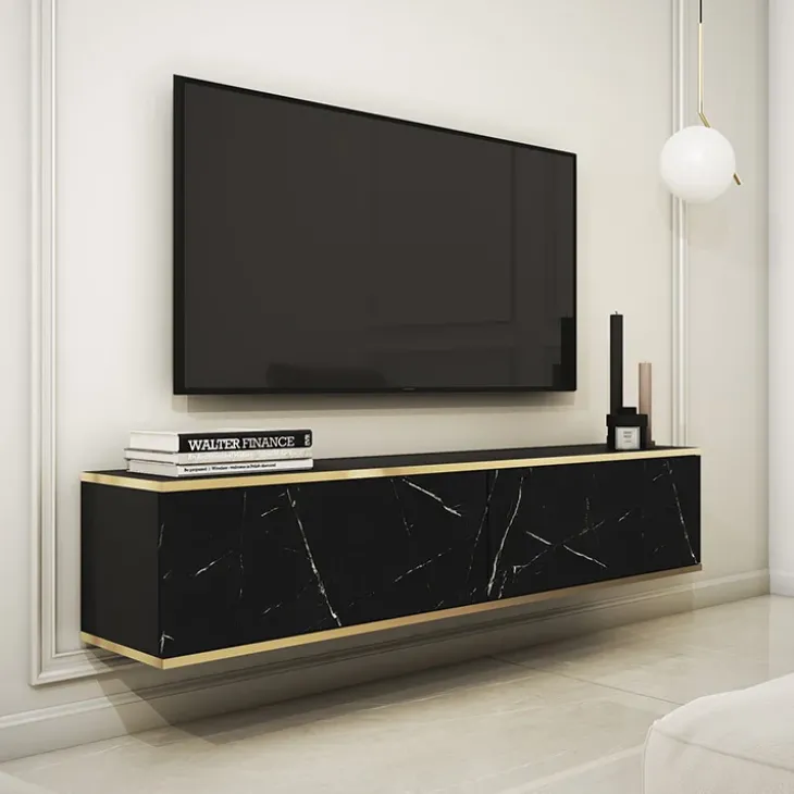 Mobile porta TV sospeso 135x30h cm 2 ante moderno effetto marmo nero oro Linus