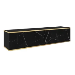 Mobile porta TV sospeso 135x30h cm 2 ante moderno effetto marmo nero oro Linus