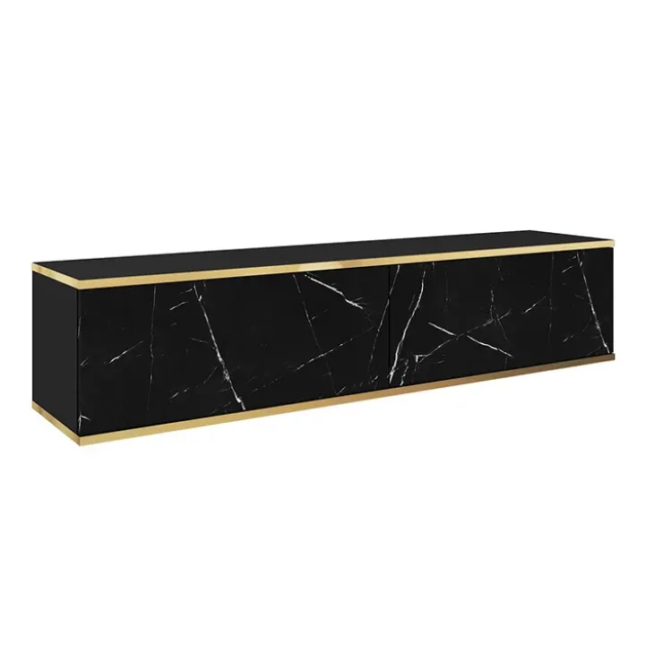 Mobile porta TV sospeso 135x30h cm 2 ante moderno effetto marmo nero oro Linus
