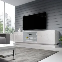 Mobile porta tv sospeso 200x57h cm 2 ante 2 vani a giorno bianco lucido Bianca