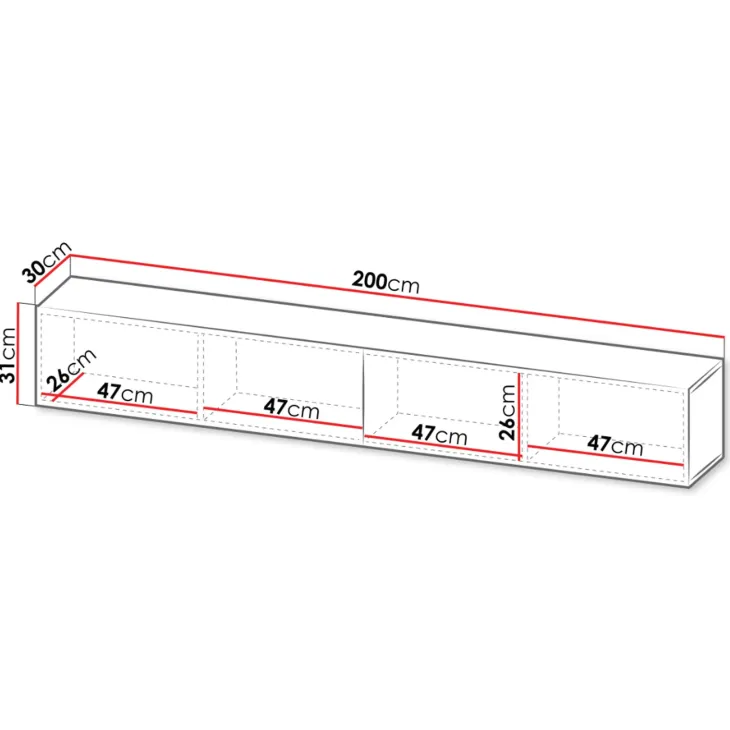 Mobile porta TV sospeso 200x31h cm 2 ante a ribalta nero opaco rovere wotan Mirel