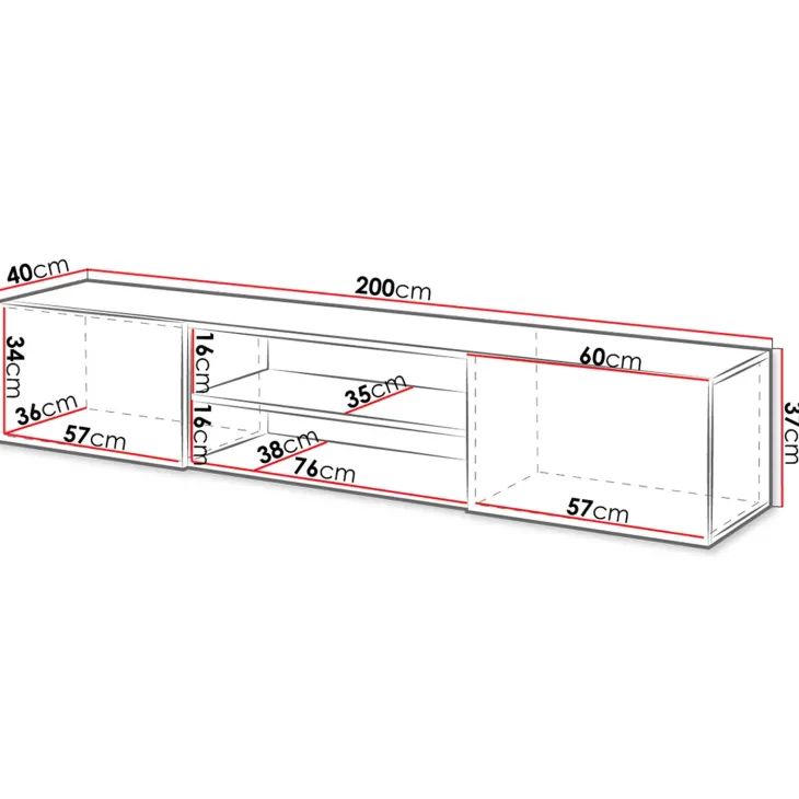 Mobile porta tv sospeso 200x37h cm 2 ante 2 vani a giorno bianco lucido Southampton