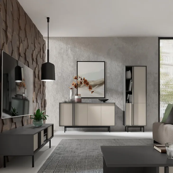 Mobile porta tv 163x43 cm 3 ante 2 vani a giorno antracite beige Essenzia