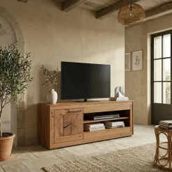Mobile porta TV 130x62h cm 1 anta 2 ripiani a vista legno massello rovere Ebania
