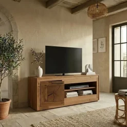 Mobile porta TV 130x62h cm 1 anta 2 ripiani a vista legno massello rovere Ebania