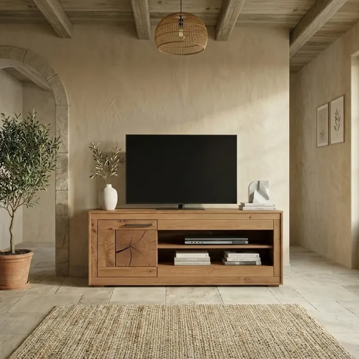 Mobile porta TV 130x62h cm 1 anta 2 ripiani a vista legno massello rovere Ebania