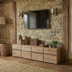 Mobile porta TV 225x48h cm 4 ante a ribalta 4 cassetti moderno rovere nero Lolla