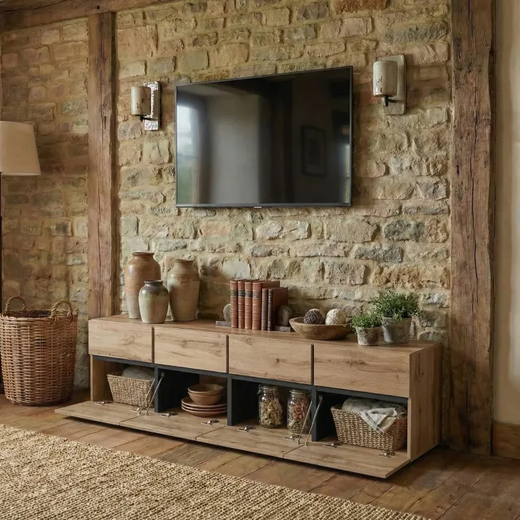 Mobile porta TV 225x48h cm 4 ante a ribalta 4 cassetti moderno rovere nero Lolla