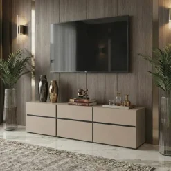 Mobile porta TV 180x48h cm 3 ante a ribalta 3 cassetti tortora nero Lolla
