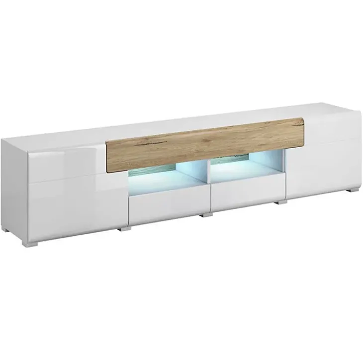 Mobile porta TV 208x48h cm 2 ante 4 cassetti bianco lucido rovere Tahiti