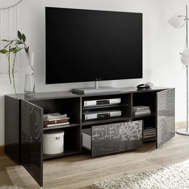 Mobile porta TV 181x57h cm 2 ante 1 cassetto soggiorno grigio laccato lucido Paradise