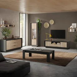 Mobile porta TV 184x58h cm 2 ante 1 cassetto antracite rovere chiaro Deluxe