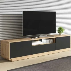 Mobile porta TV 200x45h cm 2 ante 1 cassetto nero opaco rovere Esmond