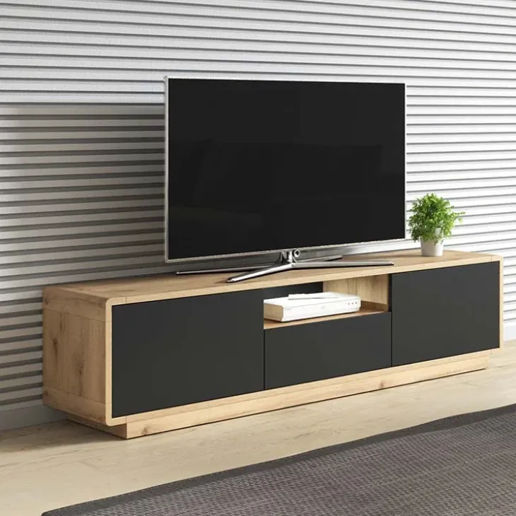 Mobile porta tv 180x45h cm 2 ante 1 cassetto nero opaco rovere Esmond