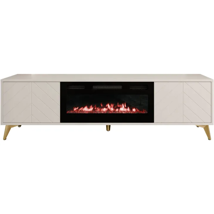 Mobile porta TV 184x53h cm 2 ante con caminetto elettrico frontali serigrafati beige nero Miriam