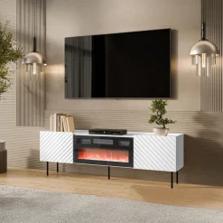 Mobile porta TV 181x59h cm 2 ante con caminetto elettrico con frontali decorati bianco Daniele