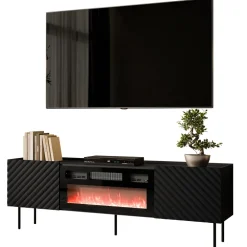 Mobile porta TV 181x59h cm 2 ante con caminetto elettrico con frontali decorati nero Daniele