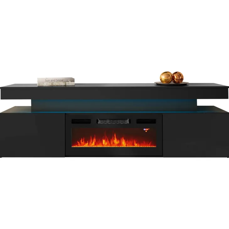 Mobile porta TV 190x59h cm 2 ante con caminetto elettrico con LED nero Lumus