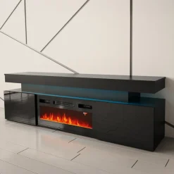 Mobile porta TV 190x59h cm 2 ante con caminetto elettrico con LED nero Lumus