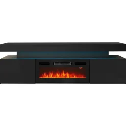 Mobile porta TV 190x59h cm 2 ante con caminetto elettrico con LED nero Lumus