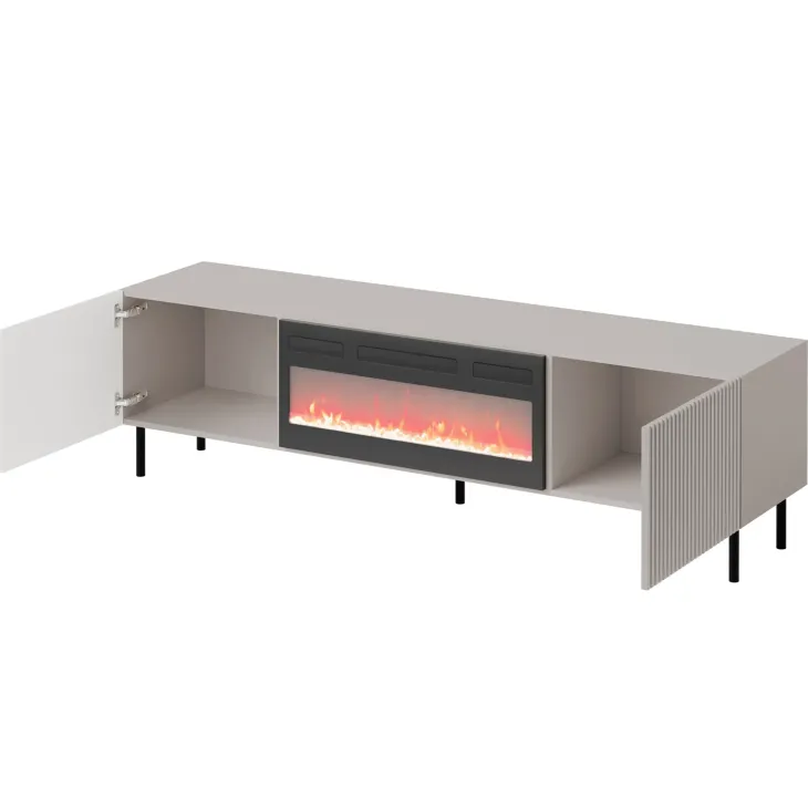 Mobile porta TV 181x53h cm 2 ante con caminetto elettrico con frontali cannettati beige Ziggy