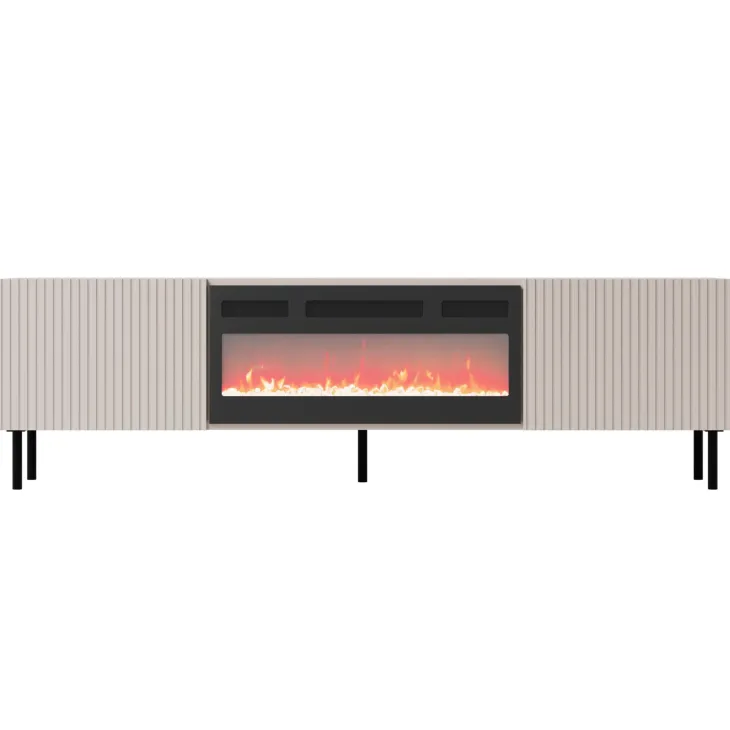 Mobile porta TV 181x53h cm 2 ante con caminetto elettrico con frontali cannettati beige Ziggy