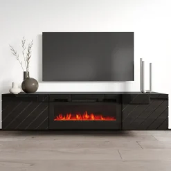 Mobile porta tv 183x38h cm 2 ante con camino elettrico nero lucido Armando