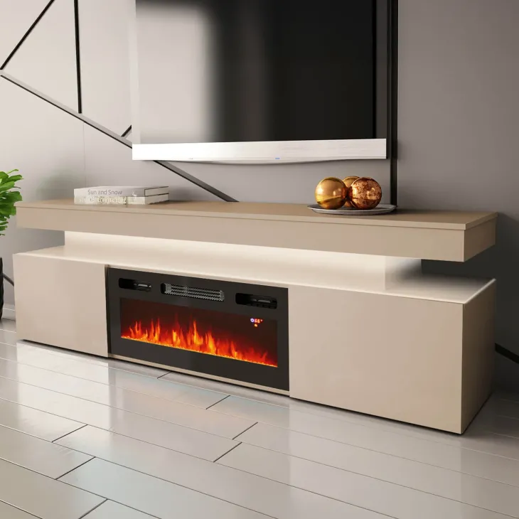 Mobile porta TV 190x59h cm 2 ante con caminetto elettrico con LED beige cashmere Lumus