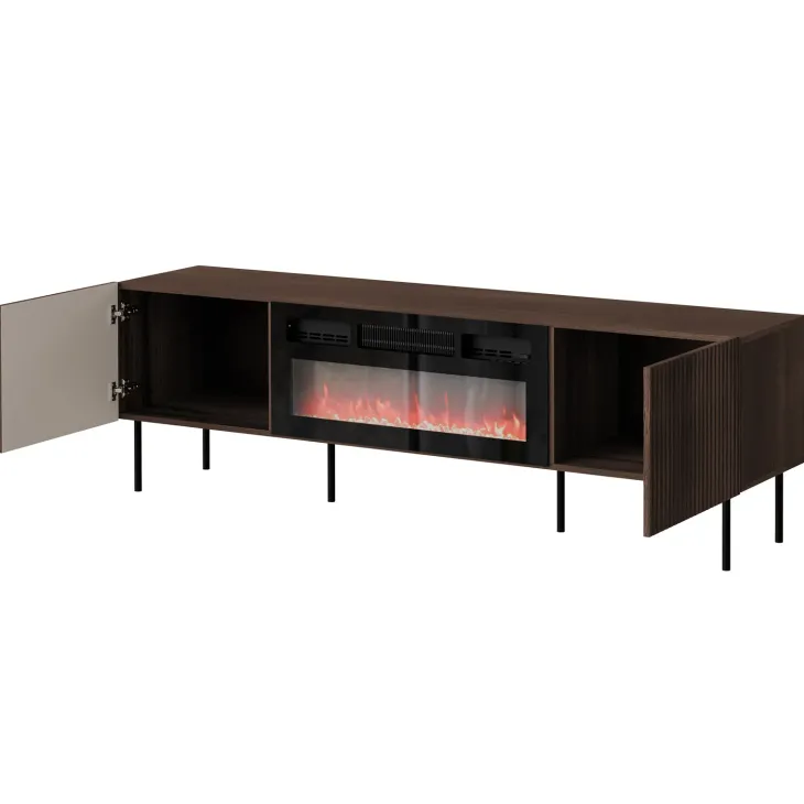 Mobile porta TV 181x58h cm 2 ante con elettrico caminetto noce cannettato Gabiot
