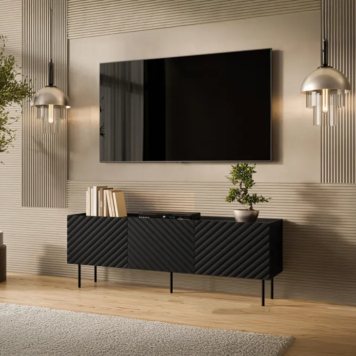Mobile porta TV 166x59h cm 3 ante con frontali decorati nero Daniele
