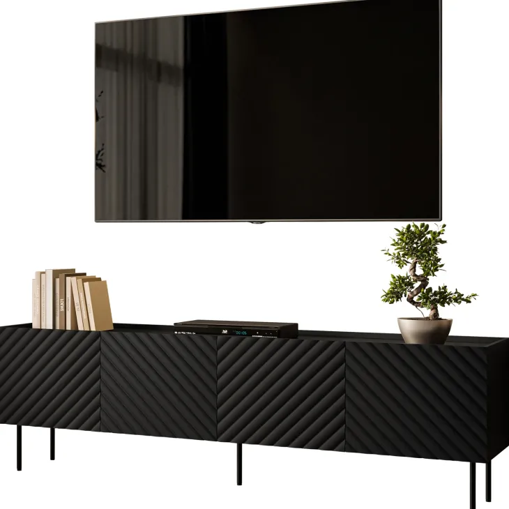 Mobile porta TV 200x59h cm 4 ante con frontali decorati nero Daniele