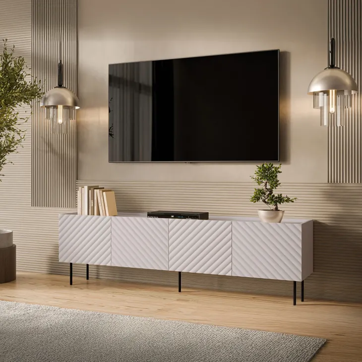 Mobile porta TV 200x59h cm 4 ante con frontali decorati beige Daniele