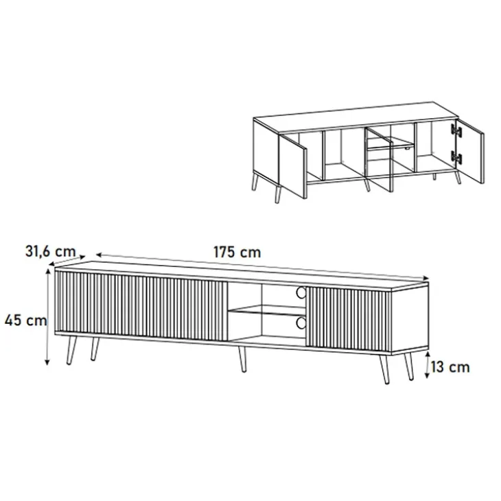 Mobile porta TV 175x45h cm 3 ante e vani a giorno nero Celestia