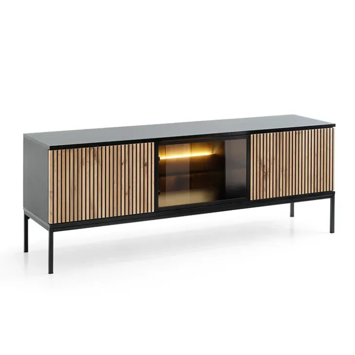 Mobile porta TV 153x56h cm 3 ante moderno nero rovere antico cannettato Bali