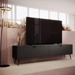 Mobile porta TV 200x51h cm 2 ante nero opaco cannettato Ramis