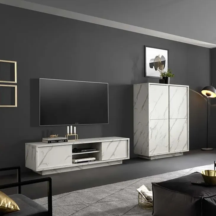 Mobile porta TV 139x44h cm 2 ante soggiorno effetto marmo bianco Viking