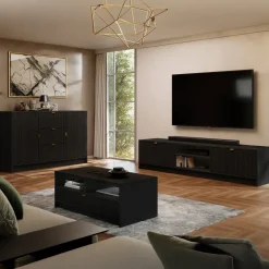 Mobile porta tv 180x40h cm 2 ante 2 vani a giorno cannettato nero Athena