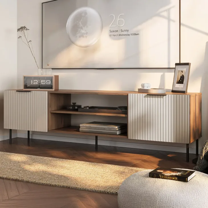 Mobile porta TV 181x53h cm 2 ante 2 vani a giorno beige cashmere noce Serenia