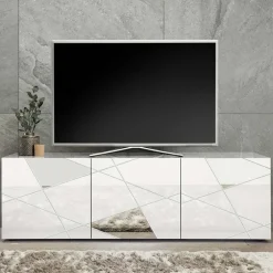 Mobile porta TV 181x57h cm bianco lucido specchio con serigrafia Olimpo
