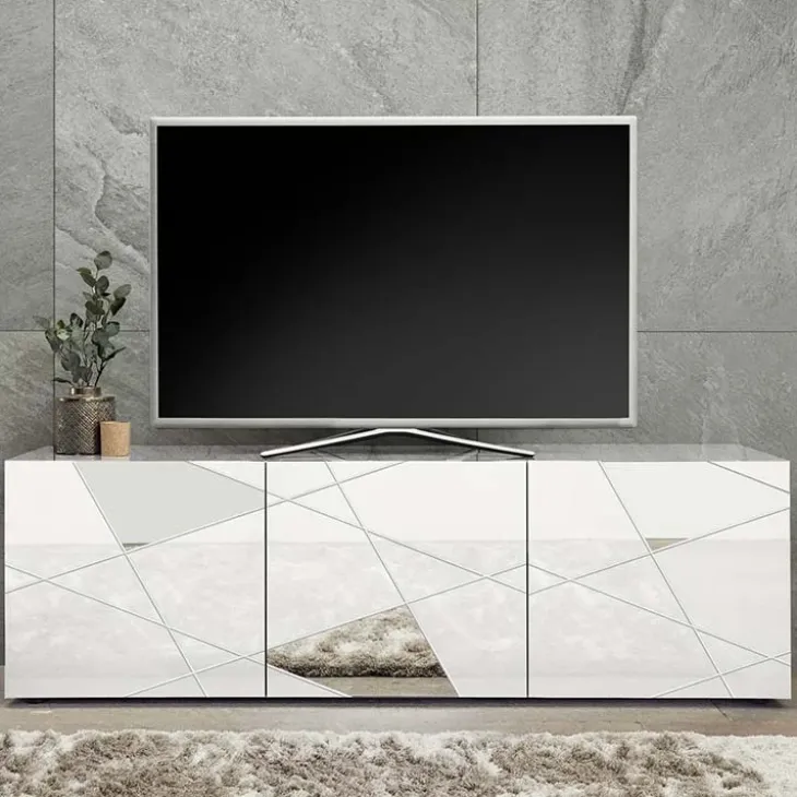 Mobile porta TV 181x57h cm bianco lucido specchio con serigrafia Olimpo